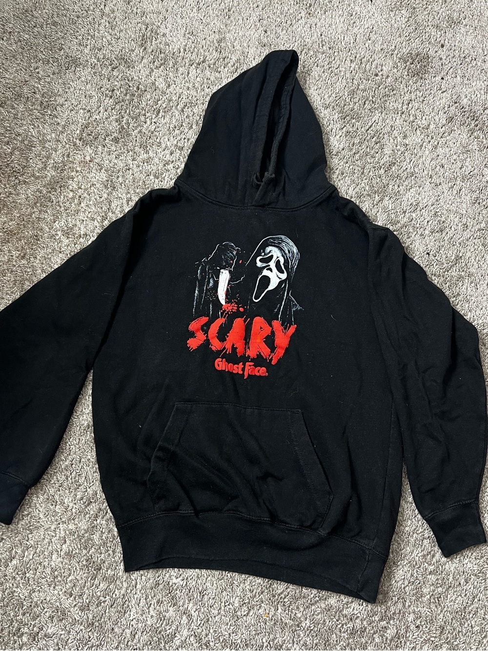 Black Zip-Up Hoodie with Red 'Scary' Ghost Face Graphic
